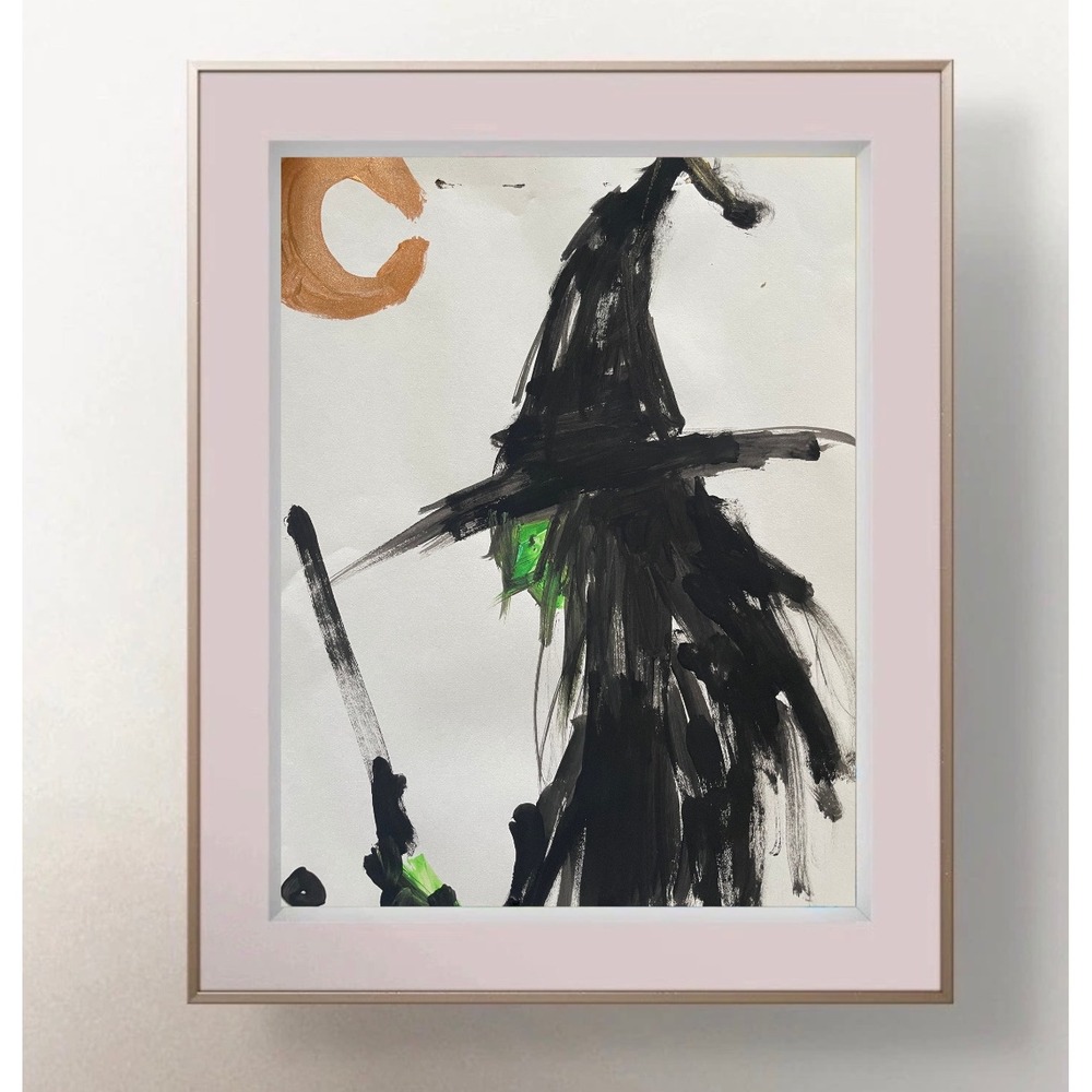 Original Witch Painting Green Face Black Hat Moon Halloween Folk Art 8.5x11